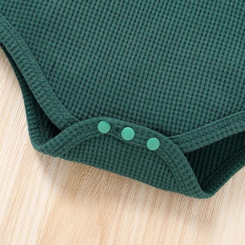 Vista 6 de Conjunto de mameluco de manga larga con botones para recién nacido, niño y niña, conjunto unisex de gofres, Verde oscuro