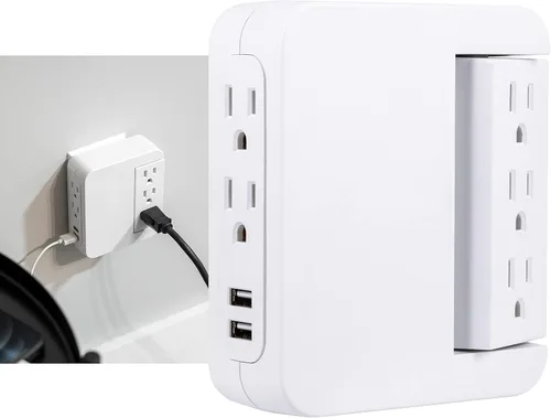Vista 2 de GE Protector SurGE giratorio Pro de acceso lateral, extensor de 5 salidas con 2 puertos USB, adaptador de grifo de pared, estación de carga, 3