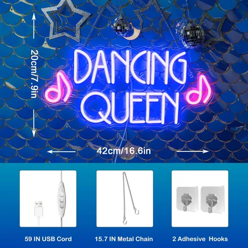 Vista 4 de Letrero de Neón Dancing Queen Letrero LED de Baile Luces de Neón Moradas Luces de Club de Baile Letrero Iluminado con Interruptor Alimentado por USB