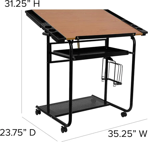 Vista 3 de Flash Furniture Swanson - Mesa de dibujo ajustable con marco negro y ruedas de doble rueda, color cereza