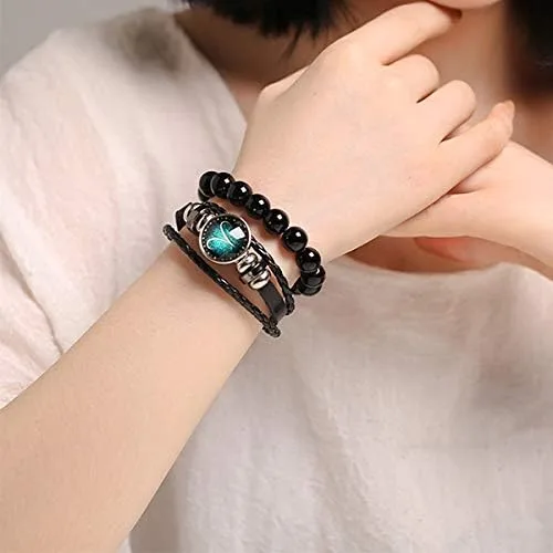 Vista 5 de Pulsera de cuero trenzado a mano con 12 cuentas de constelación para hombre estilo retro 2
