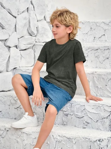 Vista 6 de Makkrom Camiseta de manga corta para niño, estilo retro, cuello redondo, de algodón, informal, lavada