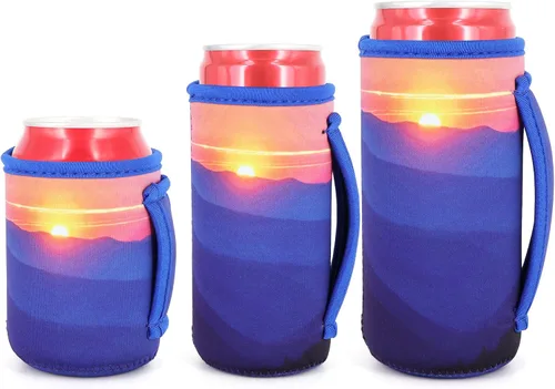 Vista 25 de 3 Pack de fundas aisladas reutilizables de neopreno con asa para soda, bebida energética, refresco, cerveza, seltzer duro, fundas para latas de 12