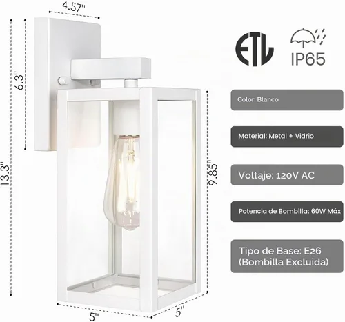 Vista 3 de GRUENLICH Faroles de pared grandes impermeables para exteriores, modernos apliques blancos para porche con pantalla de vidrio transparente, enchufe