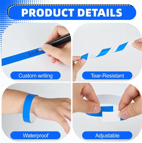 Vista 3 de 300 pulseras para eventos, muñequeras de neón impermeables para fiestas, ligeras pulseras de papel de concierto, bandas adhesivas de mano, color azul