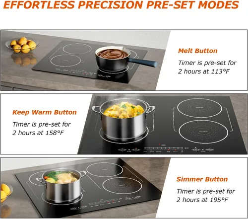 Vista 2 de Cocina de inducción de 24 pulgadas de 4 quemadores, encimera plana de vidrio eléctrico con Bridge-SYNC, 3 modos preestablecidos de refuerzo