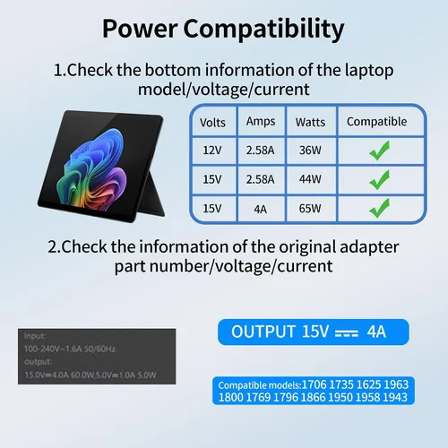 Vista 5 de Cargador de 65 W y 44 W compatible con Microsoft Surface Pro 9 8 7+ 7 6 5 4 3 X Surface Laptop 5 4 3 2 1 compatible con modelos 1706 1950 1943 1876
