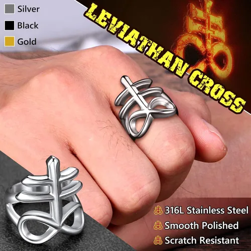Vista 2 de FaithHeart Anillos de cruz de Satán Leviathan para hombre, acero sin estátula para la iglesia satánica, joyería de motociclista, anillos