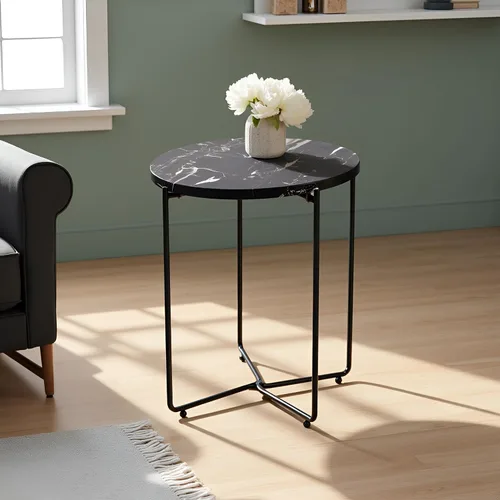 Vista 2 de Mesa auxiliar redonda de metal con parte superior de mármol natural, moderna mesa de centro pequeña para sala de estar, dormitorio, espacio pequeño