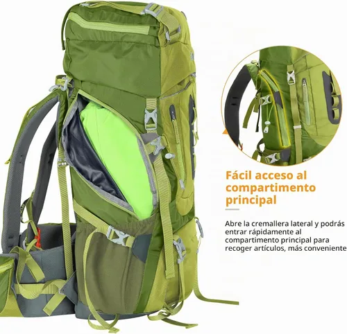 Vista 4 de Ubon Mochila de senderismo con marco interno de 50/60 L, mochila de camping para hombres y mujeres con cubierta de lluvia verde (60L-Green)