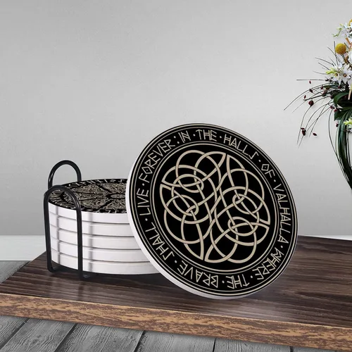 Vista 3 de HUXJOKO Juego de 6 posavasos para bebidas, posavasos de cerámica absorbente mágica vikinga negra, alfombrilla redonda de piedra, con base de corcho