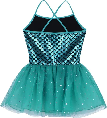 Vista 4 de Disfraz de sirena brillante para niñas, escamas de pez, espalda cruzada, leotardo tutú, ropa de baile, vestido de princesa