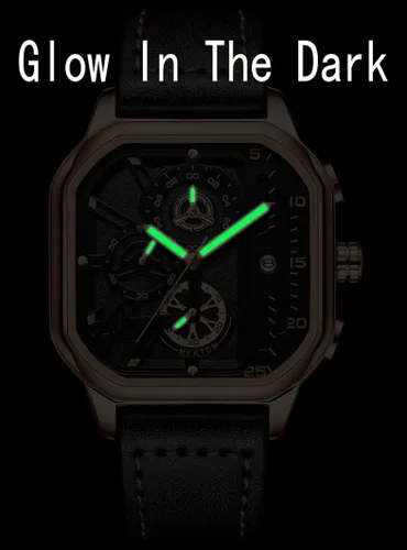 Vista 5 de putouzip Men Square Watch Analog Quartz Luminous Stainless Steel Leather Wristwatch Date Waterproof Chronograph
