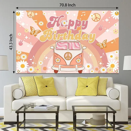 Vista 4 de Mocsicka Groovy - Cartel de cumpleaños retro, hippie y bohemio, decoración de fiesta de margaritas para niñas y niños, fondo de fiesta de feliz
