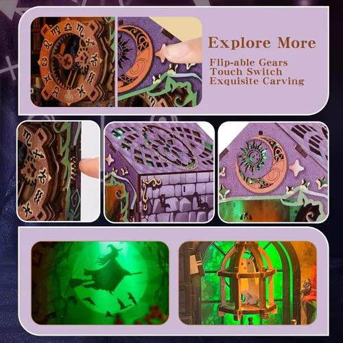 Vista 3 de Kit de rincón de libro Magic Wizard House DIY rompecabezas 3D, morado Decoración de estanterías de libros, regalos para amantes de los libros