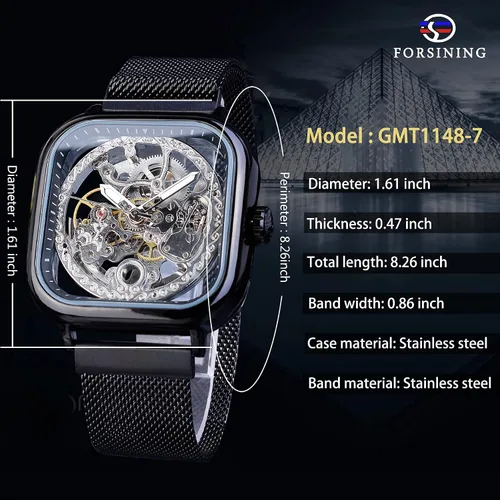 Vista 6 de FORSINING Relojes automáticos Reloj de pulsera mecánico dorado para hombre Relojes de esqueleto con esfera transparente de acero inoxidable