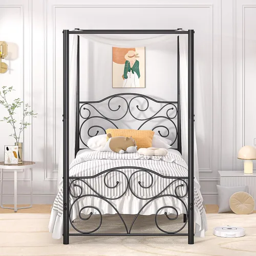 Vista 6 de VECELO Base de cama con dosel de metal, tamaño individual, base de colchón con plataforma de 4 pósteres con cabecero, soporte de listones de acero