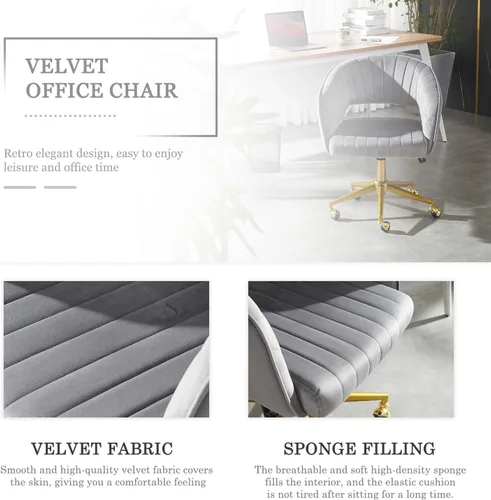 Vista 3 de Silla de tocador gris con rueda, moderna silla de terciopelo para oficina en casa con respaldo, silla cruzada para tocador, sala de estar