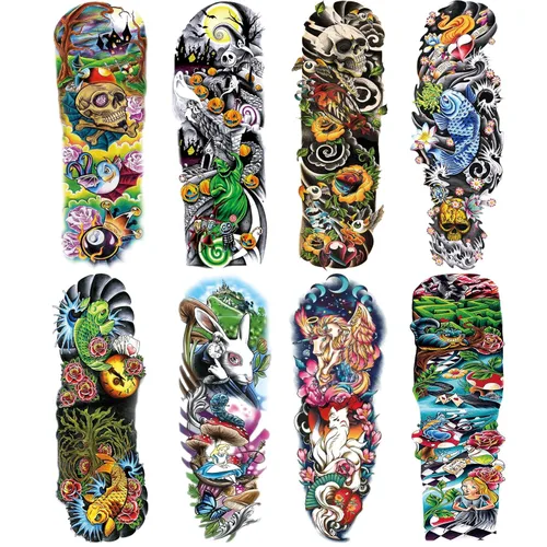 Vista 15 de Adhesivos de manga de tatuajes falsos de lobo león, brazo completo, dragón animal, tribal, mangas temporales de tatuaje para hombres, mujeres