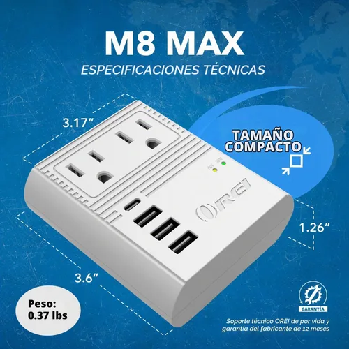 Vista 9 de OREI World Travel - Adaptador de enchufe de viaje M8 Max, 3 USB + Pd 18 W USB-C de entrada - 2 tomas de EE. UU. - Accesorios para Europa, Asia