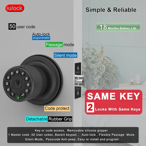 Vista 2 de iulock Pomo de puerta inteligente con teclado y llave, cerradura de puerta de entrada sin llave con agarre de goma, bloqueo automático, 50 códigos