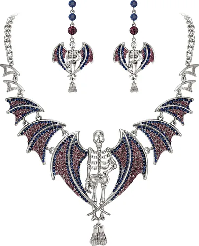Vista 8 de EVER FAITH Conjunto de pendientes de collar de murciélago de calavera de Halloween estilo gótico de cristal austriaco