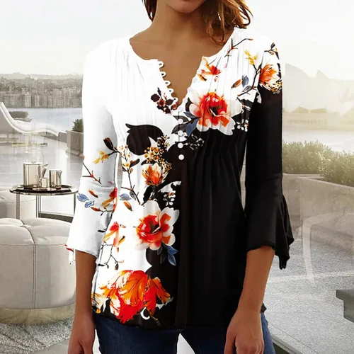 Vista 48 de Ceboyel Blusa tipo túnica con estampado floral para mujer, con botones, estilo Henley, con manga de codo, casual, trajes de moda para mujer