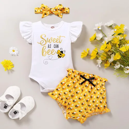 Vista 7 de YOUNGER TREE Traje de bebé niña de primer cumpleaños con estampado de abejorro de abejorro, mameluco corto con diadema de verano con mangas