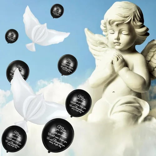 Vista 5 de Skylety 36 globos conmemorativos con 4 globos de paloma de la paz para liberar en recuerdo del cielo, decoraciones de helio para funerales, Negro