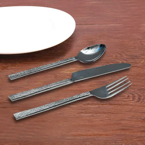 Vista 4 de Bold & Divine Hammered Silver - Juego de cubiertos de acero inoxidable de 5 piezas, incluye cuchillo, tenedor, cuchara, cubiertos de acero