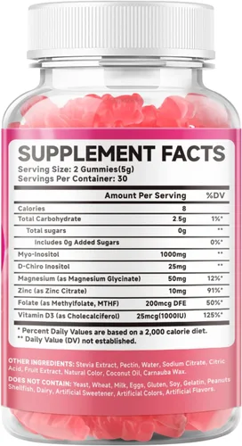 Vista 7 de Gomitas de mio-inositol y D-Chiro inositol, proporción 40:1 de inositol con vitamina D3, glicinato de magnesio, folato y zinc, suplemento