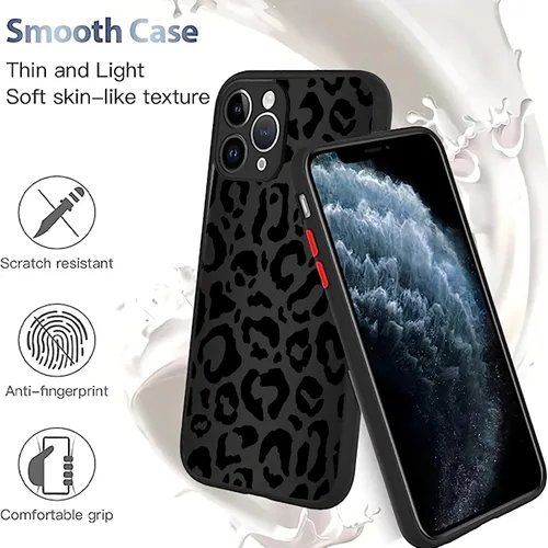 Vista 4 de Funda compatible con iPhone 14, piel de animal de leopardo negro, delgada, suave, TPU negro + funda protectora de espejo templado para Apple 14