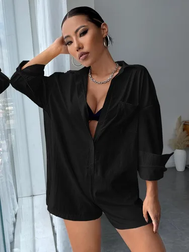 Vista 3 de SOLY HUX Women's Button Down Long Sleeve Collar One Piece Romper Playsuit Bodysuit Short Jumpsuit