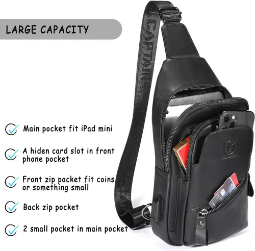 Vista 4 de BULLCAPTAIN Bolso bandolera de cuero para hombres con puerto de carga USB, bolsa de hombro, mochila cruzada para senderismo, mochila de viaje
