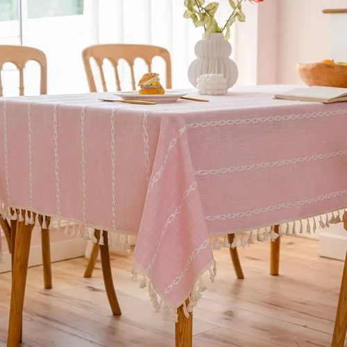Vista 10 de Mantel rectangular de lino beige crema para comedor y cocina, mantel rectangular de arpillera de lino con borlas, resistente, rústico, campestre