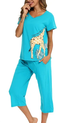 Vista 4 de ENJOYNIGHT Conjunto de pijama de algodón para mujer, parte superior de manga corta y pantalones capri, ropa de dormir de 2 piezas