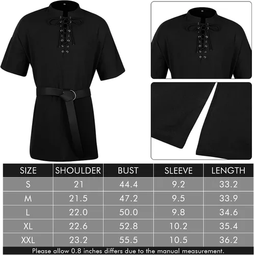 Vista 2 de Disfraz renacentista medieval para hombre, túnica vikinga, disfraz de caballero de piel sintética, protectores de brazos y cinturón, camisas vikingas