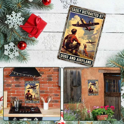Vista 5 de Cartel de avión, póster de metal vintage para habitación de niño, fácil de distraer con perros y aviones, entusiastas militares, arte de pared