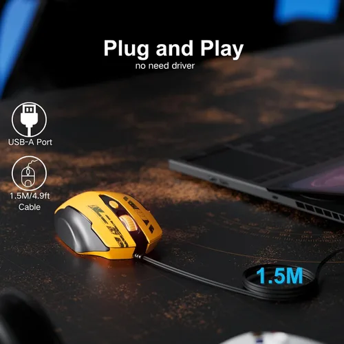 Vista 2 de Uineer Ratón con cable, ratón de computadora USB-A con 6 botones, ajustable Amarillo