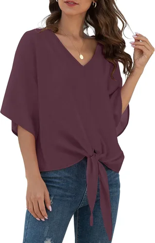 Vista 45 de VIISHOW Womens Tie Front Chiffon Blouses V Neck Batwing Short Sleeve Summer Tops Shirts Albaricoque