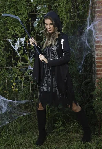 Vista 4 de For G and PL Disfraz de poncho de esqueleto de Halloween para mujer, vestido con capucha y capa de tul
