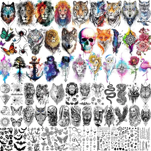 Vista 9 de 70 hojas de tatuajes temporales realistas en 3D de antebrazo, lobo, tigre, león, para hombres y mujeres, brazo del muslo, calavera aterradora