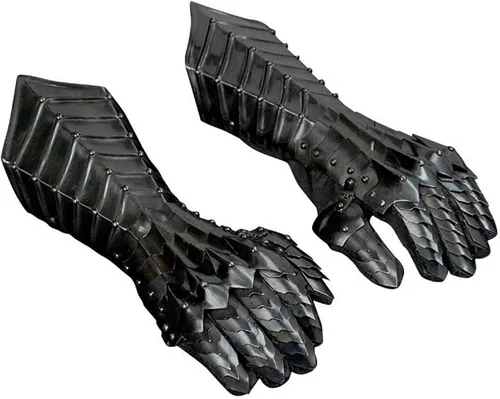 Vista 3 de Guantes medievales Nazgul negros unisex para adultos, guantes de armadura de acero suave, guantes cruzados LARP guanteletes par réplica de disfraz