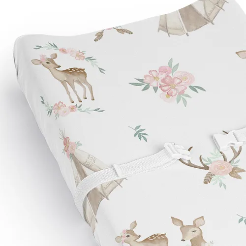 Vista 4 de Sweet Jojo Designs Funda para cambiador de bebé (flores de ciervos del bosque) para niñas, fundas para cambiar pañales para bebés/recién nacidos