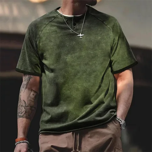 Vista 2 de Men's Oversized T-Shirts Acid Wash Short Sleeve Henley Shirt Regular Fit Raglan Sleeve Retro Distressed Athletic Tops