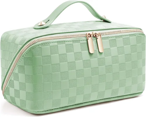 Vista 9 de Bolsa de cosméticos de viaje de gran capacidad - Bolsas de maquillaje portátiles para mujeres, impermeable, de cuero PU a cuadros, con organizador