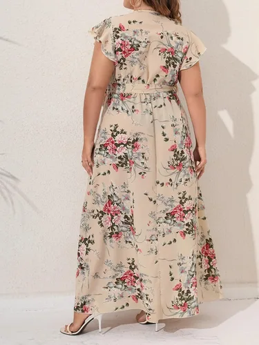 Vista 2 de MakeMeChic Vestido largo floral para mujer, talla grande, casual, bohemio, floral, manga corta, cintura alta, acampanado, con vuelo
