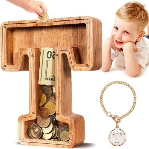 Vista 27 de SummiDate Alcancía de madera de letra para niños y niñas, Alfabeto, personalizada, regalo de cumpleaños y pascua para niños (A)