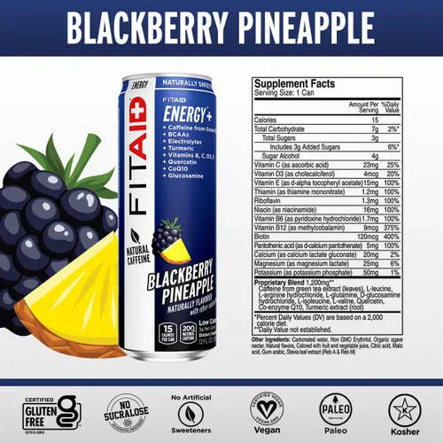 Vista 10 de Bebida FITAID ENERGY, 0.007 onzas de cafeína natural, keto, piña y mora, omega-3, 15 calorías, paleo, vegana y sin gluten, sin edulcorantes