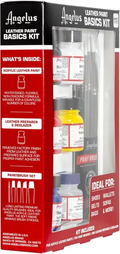 Vista 4 de Kit básico de pintura para cuero Angelus – Juego de pintura acrílica para cuero con 5 colores (1 oz. cada una), preparador y desengrasante y pinceles